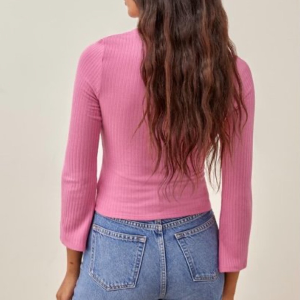 Reformation Pink Ribbed Hook-Front Long Sleeve Top - Picture 2 of 7